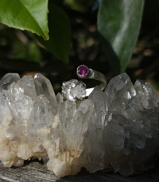 Handcrafted Adjustable Rhodolite Garnet & Double Terminated Quartz Sterling Silver Ring