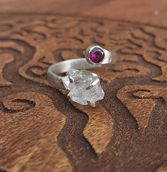 Handcrafted Adjustable Rhodolite Garnet & Double Terminated Quartz Sterling Silver Ring