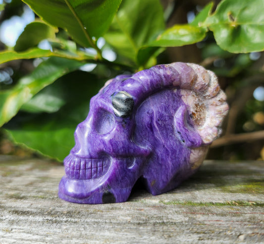 Hand Carved Charoite Horned Skull