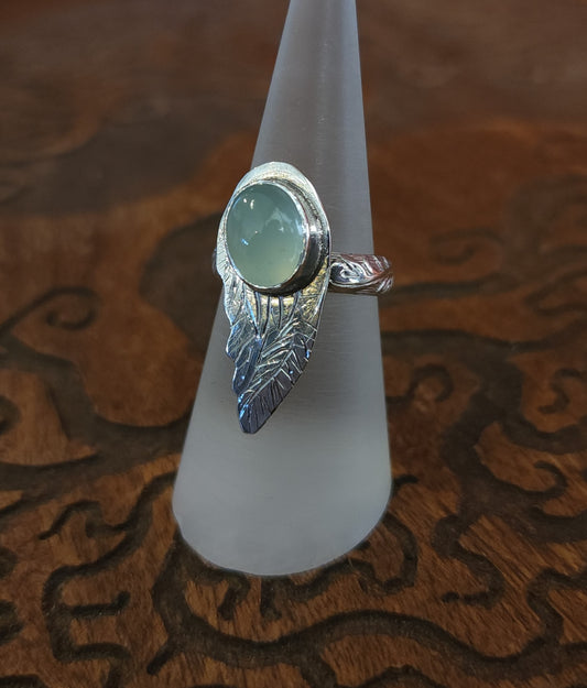 Handcrafted Blue Chalcedony Angel Wing Sterling Silver Ring - Size 6