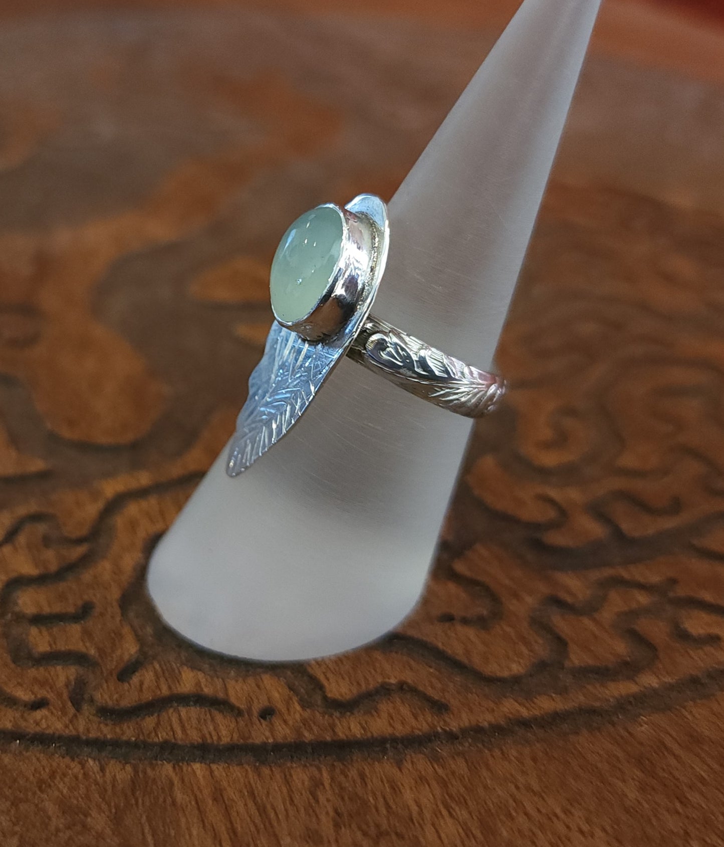 Handcrafted Blue Chalcedony Angel Wing Sterling Silver Ring - Size 6