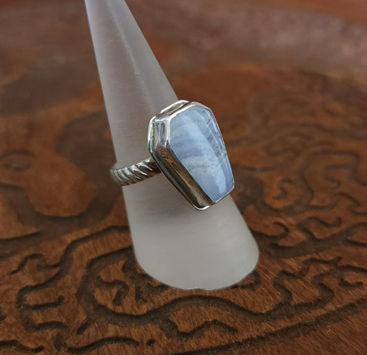 Handcrafted Blue Lace Agate Sterling Silver Ring - Size 7.25