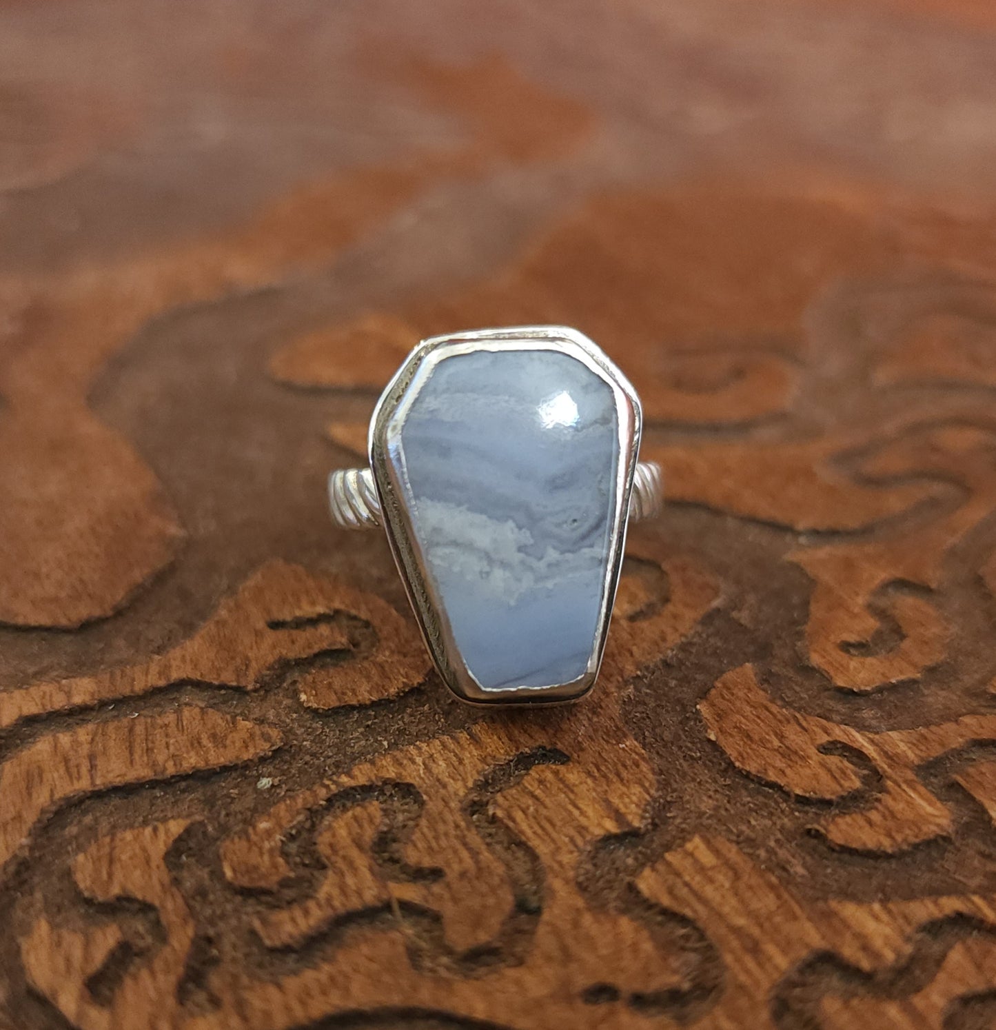Handcrafted Blue Lace Agate Sterling Silver Ring - Size 7.25