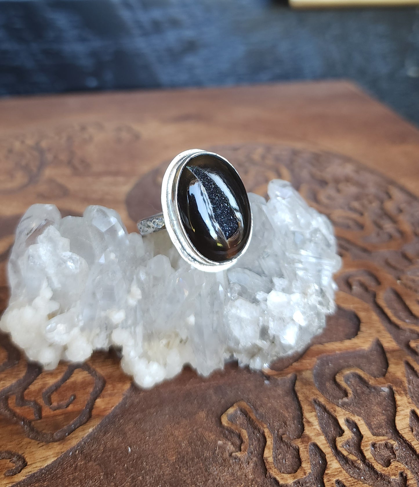 Handcrafted Sterling Silver Black Onyx Druzy Ring - Size 8