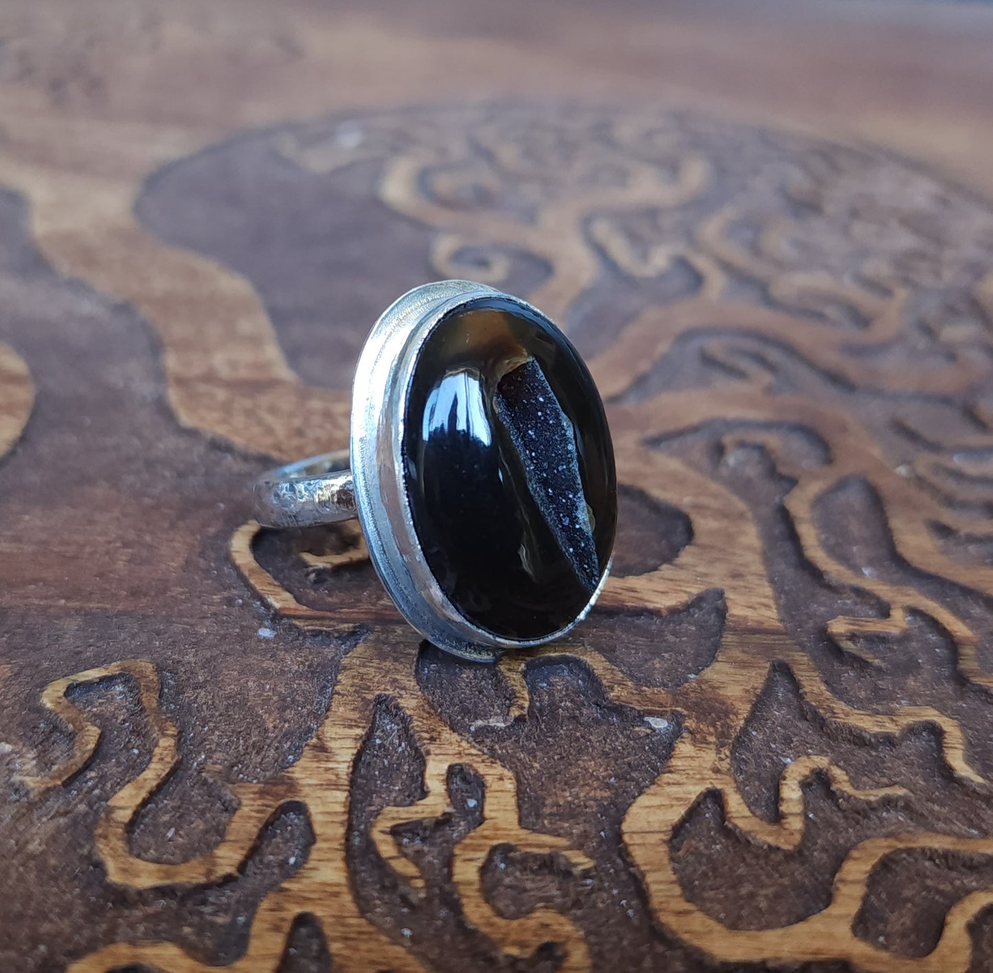 Handcrafted Sterling Silver Black Onyx Druzy Ring - Size 8