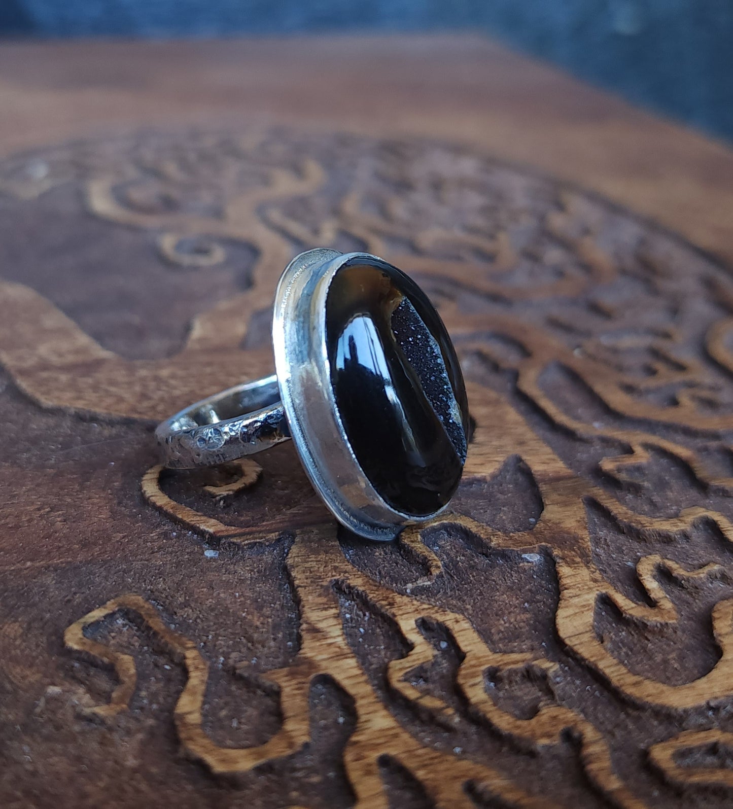 Handcrafted Sterling Silver Black Onyx Druzy Ring - Size 8