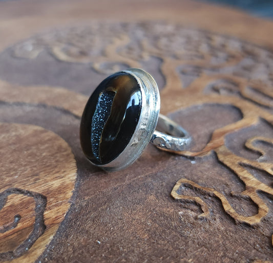 Handcrafted Sterling Silver Black Onyx Druzy Ring - Size 8