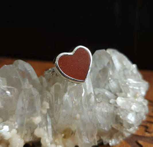 Handcrafted Goldstone Heart in Sterling Silver Ring - Size 6.5