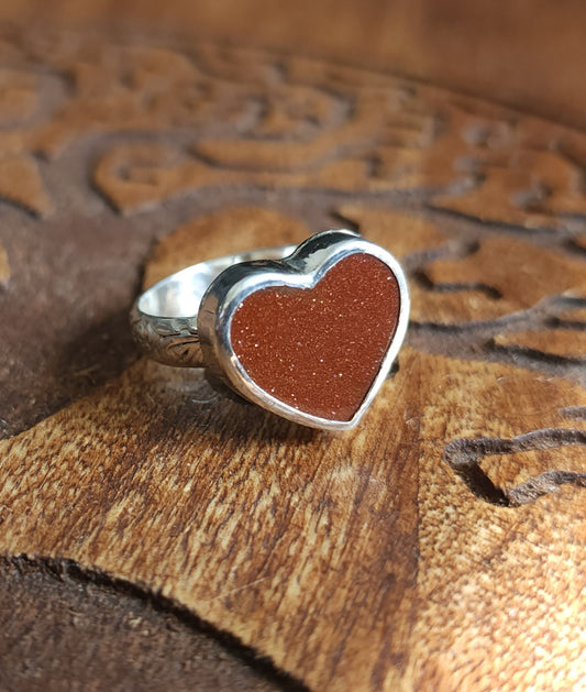 Handcrafted Goldstone Heart in Sterling Silver Ring - Size 6.5