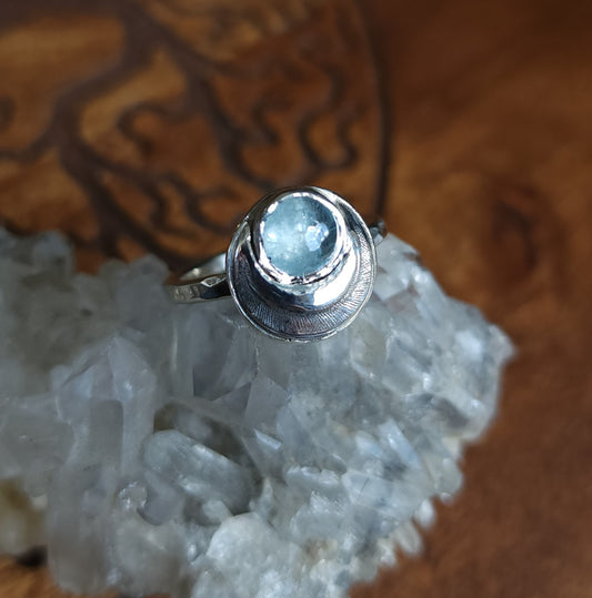 Handcrafted Sterling Silver Crescent Moon Ring - Aquamarine 8.25
