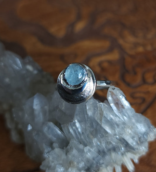 Handcrafted Sterling Silver Crescent Moon Ring - Aquamarine 8.25